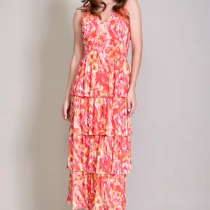 Maxi vestido estampado color fiusha con olanes