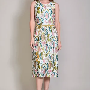 Vestido pliazado estampado color olivo con sisas y cinturón