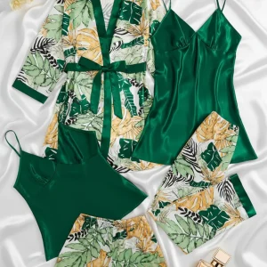 OFERTA -25% Pijama Sueño Tropical de satén Seda Verde – Set de 5 piezas