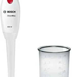 R30748 Batidora de mano Bosch CleverMixx MSM14100 – 400W, cuchillas QuattroBlade, vaso mezclador graduado, blanco y rojo