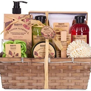 R35166 Set de Baño y Ducha “Garden Flowers” de BRUBAKER – Fragancia Floral de Adormidera – Set de Regalo de 14 Piezas en Cesta – Wellness Kit con Cepillo de Uñas